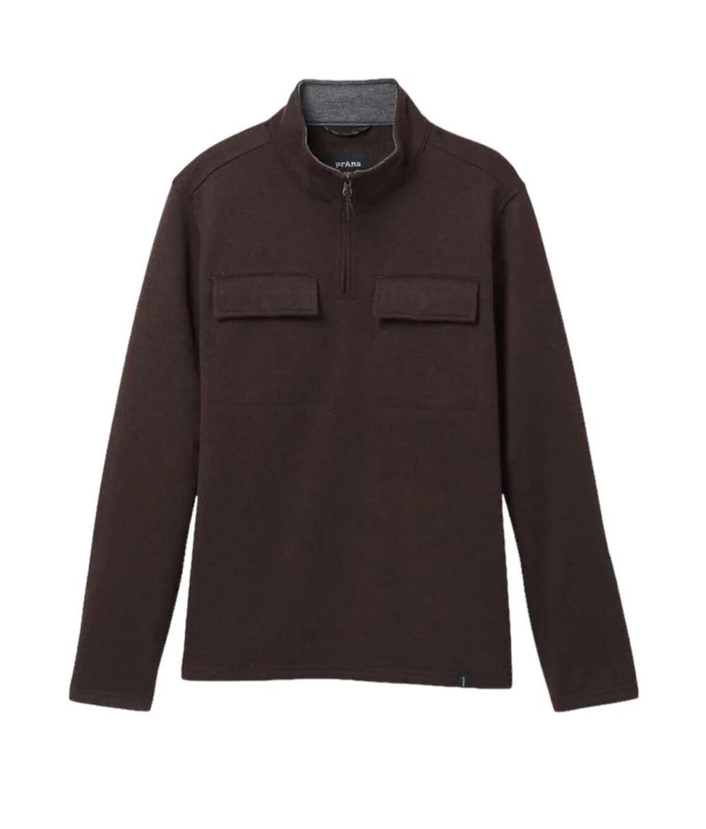 prAna $129 Brookland 1/4 Zip Recycled Wool Fleece Pullover Brown Mens Small NEW